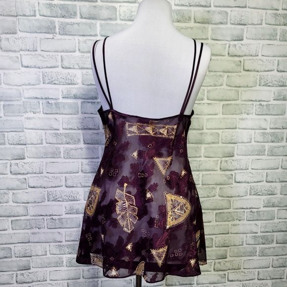 Vintage 90s California Dynasty L Purple Gold Floral Babydoll Nightgown Chemise‎ - Picture 7 of 8